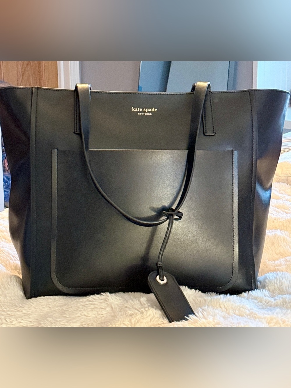 kate spade Black Leather Tote with Front Pocket and Tag